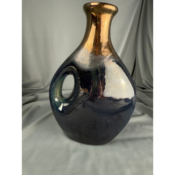 Vintage Studio Pottery Vase Copper Luster Glaze Sculptural Handle 9.5x7 - Picture 2 of 6